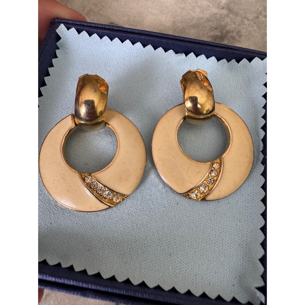 Vintage Gold Tone Cream Enamel Rhinestone Door Knocker Hoop Earrings Pierced